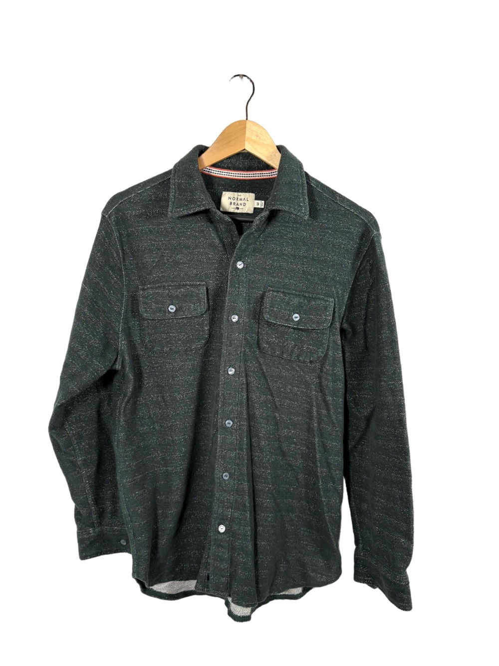 The Normal Brand Textured Knit Shirt Mens M Green Herringbone Button Up